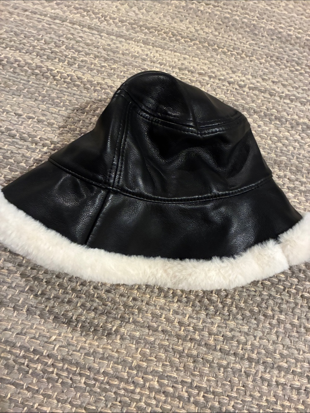 Black Faux Leather Bucket Hat with Cream Shearling Trim
